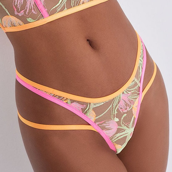 For Love And Lemons High Waist Thong Panty Orange/ Pink Medium NEW